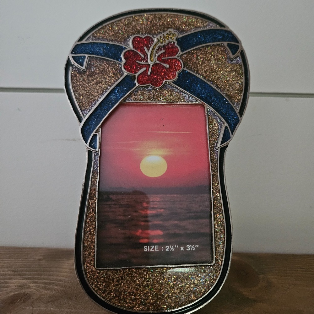 Tropical Flip Flop Photo Frame Glitter Hibiscus Beach Decor 5" Resin - Picture 2 of 8